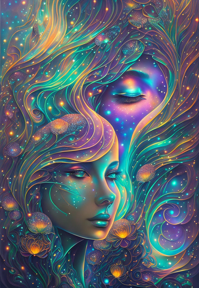 Vibrant blue and teal mystical cosmic woman's face illustration