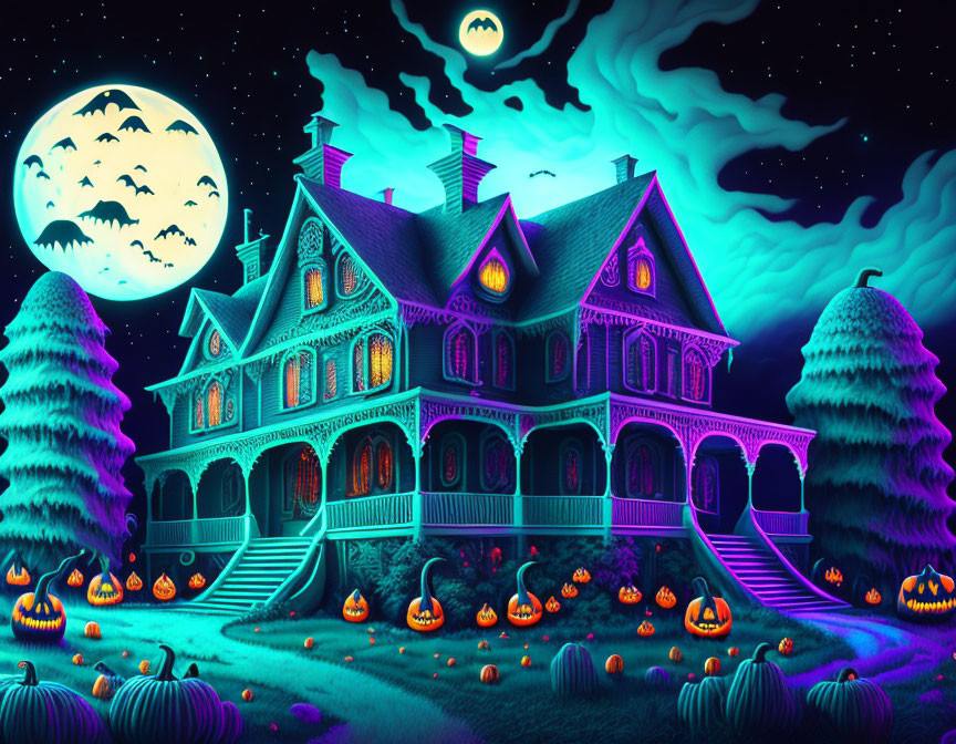 Illustration of haunted mansion at night with full moon, bats, jack-o'-lanterns,