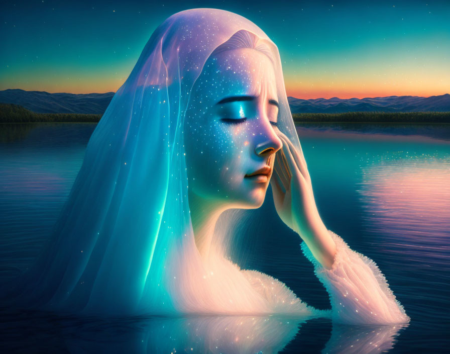 Illustration: Woman with glowing blue skin by tranquil twilight lake