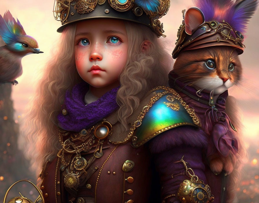 Blue-eyed girl in steampunk attire with matching cat and whimsical landscape.