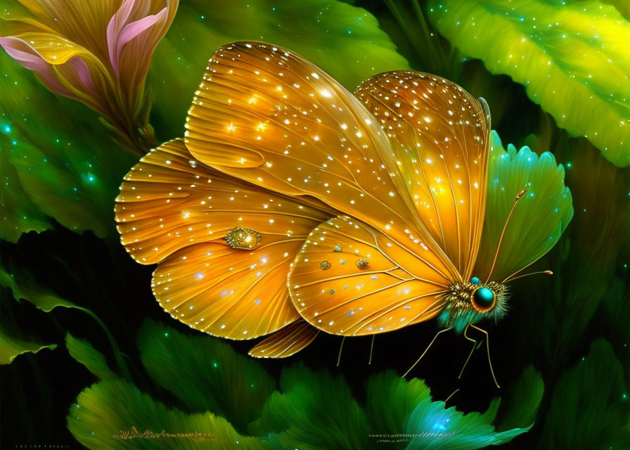 Colorful digital art: Orange butterfly with intricate patterns on sparkling wings in lush green setting