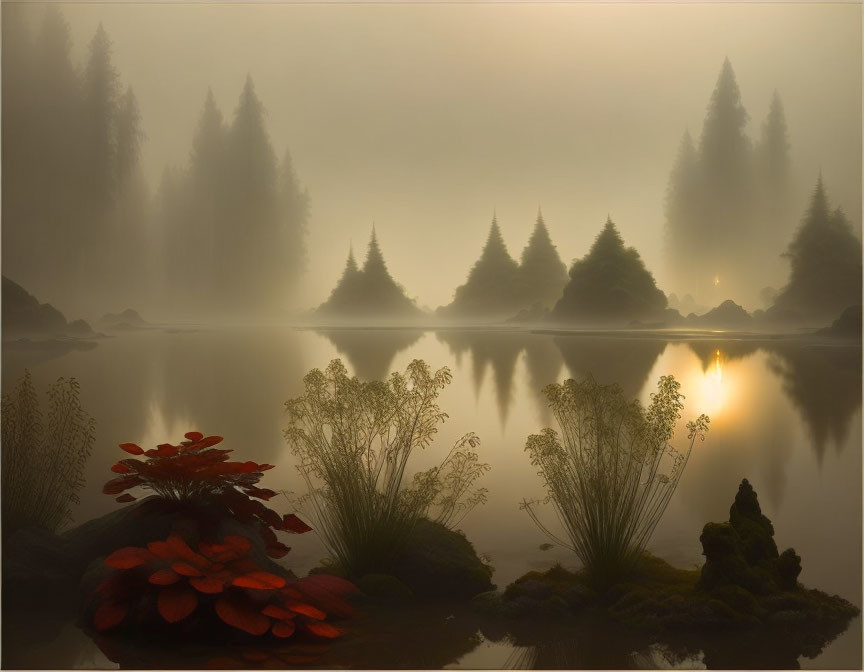 Misty forest and calm lake at twilight with tree silhouettes and red foliage