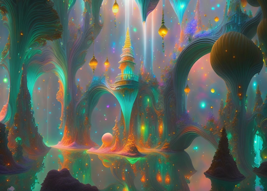 Fantastical neon-lit landscape with glowing castle and towering tree-like structures