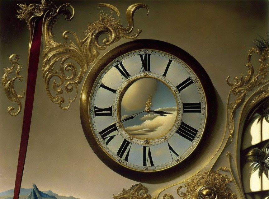 Melting clock painting in ornate frame against dusky landscape