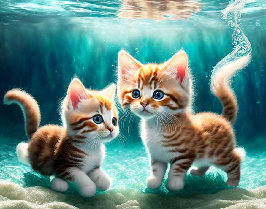 Two cute cartoon kittens underwater with big blue eyes and bubbles, illuminated by soft light