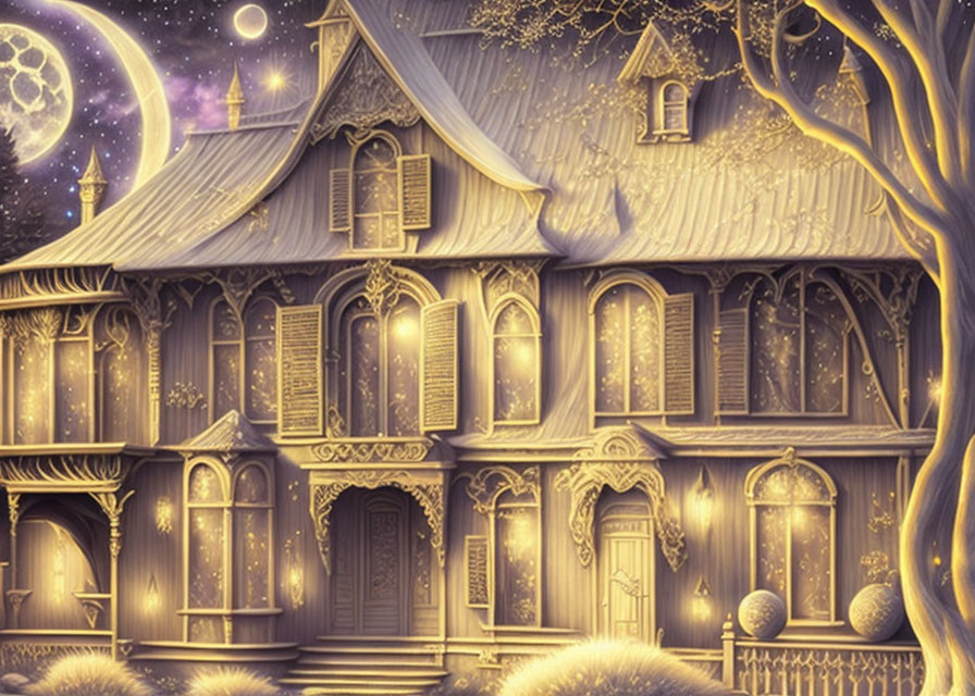 Victorian-style house at night with golden glow and moonlit details