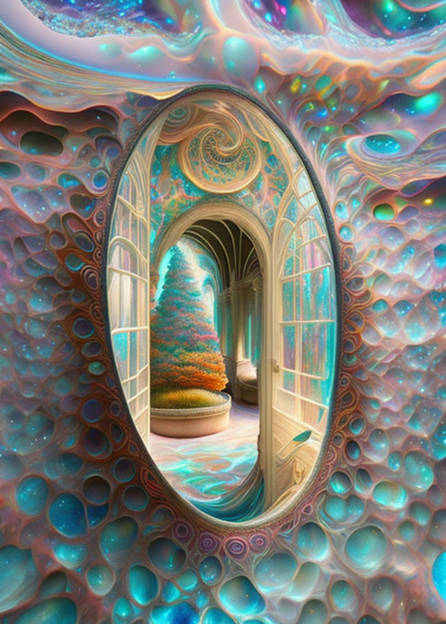 Surreal ovoid portal to ornate hallway with vibrant tree