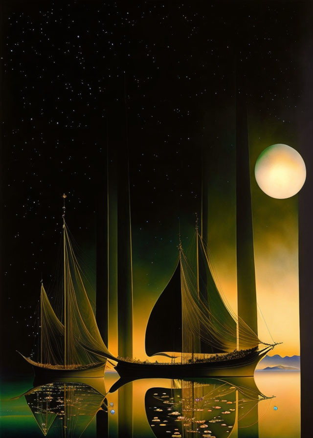 Night sky with sailing ships, moon, stars, and tall structures