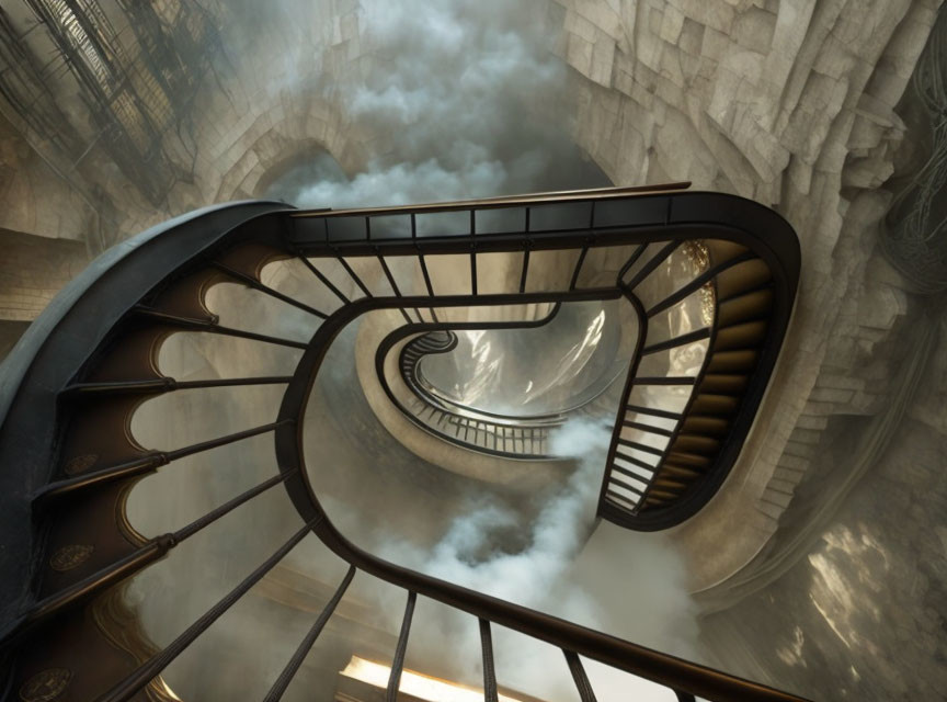 Ornate metal spiral staircase in misty stone surroundings