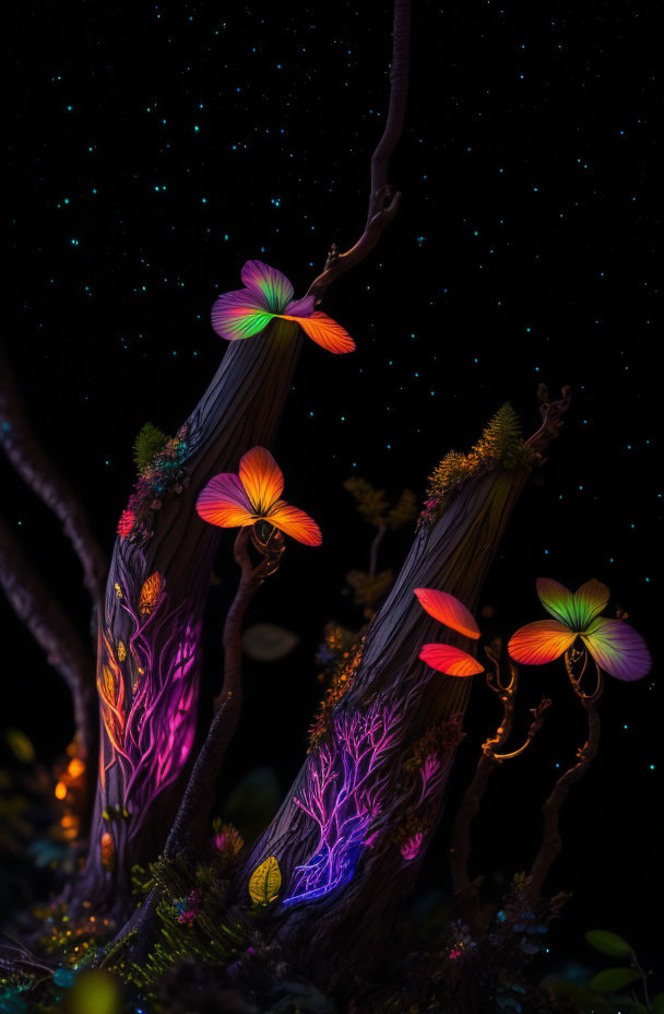 Vibrant glowing flowers on twisted trees in a whimsical night scene