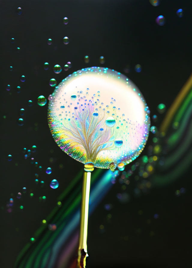 Dandelion seed head with water droplets creating bubble effect