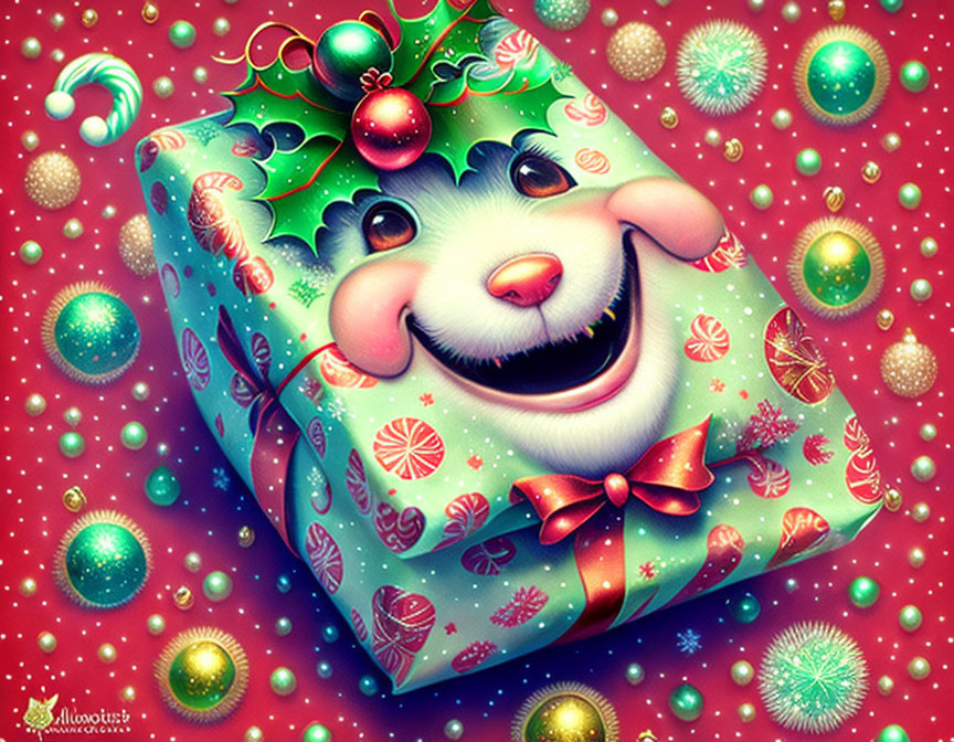 Festive gift box with rabbit face and holly on red background