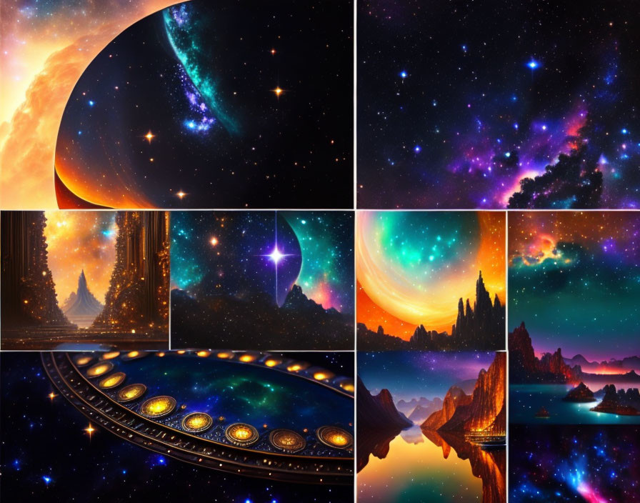 Eight Vibrant Space-Themed Illustrations with Celestial Bodies and Cosmic Landscapes