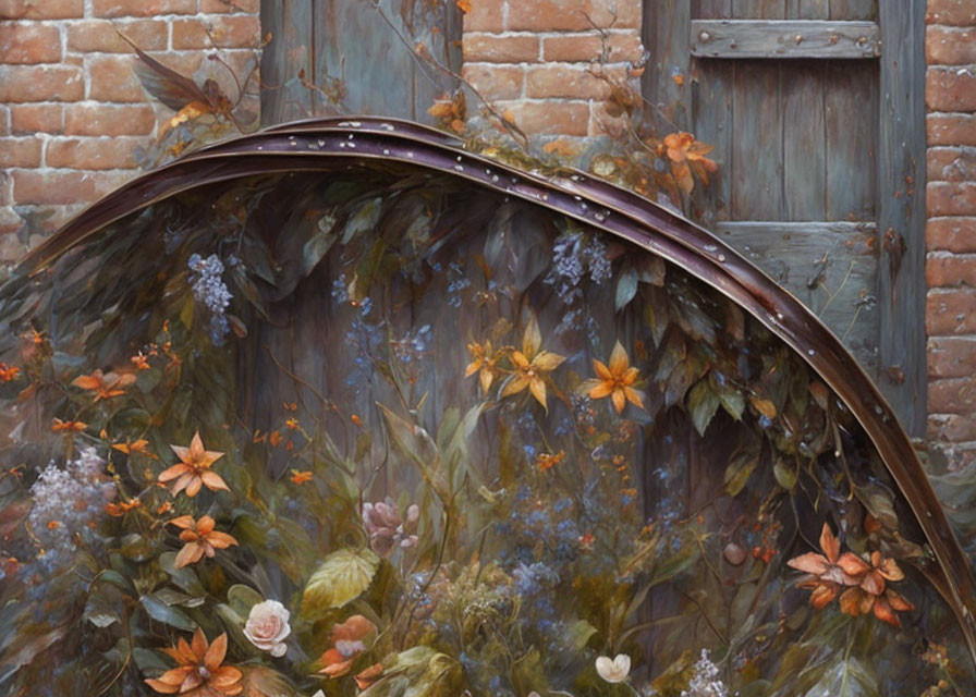 Ornate floral mural on arched metal structure with rustic door and brick wall