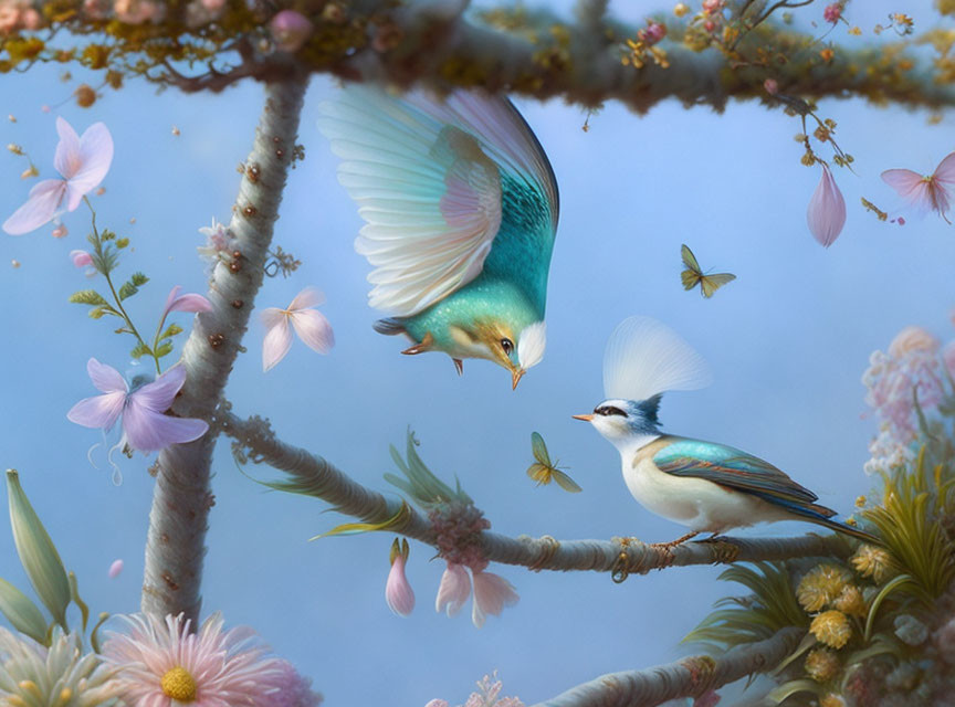 Fantastical scene: Bird with butterfly-like wings perched on branch, another bird flying with butterflies