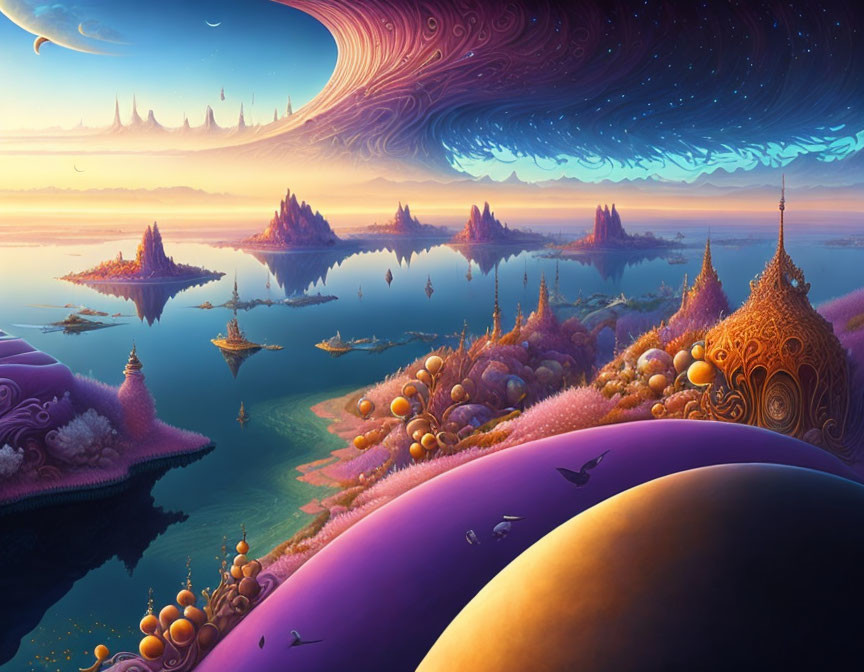 Colorful Fantasy Landscape with Floating Islands & Whimsical Sky