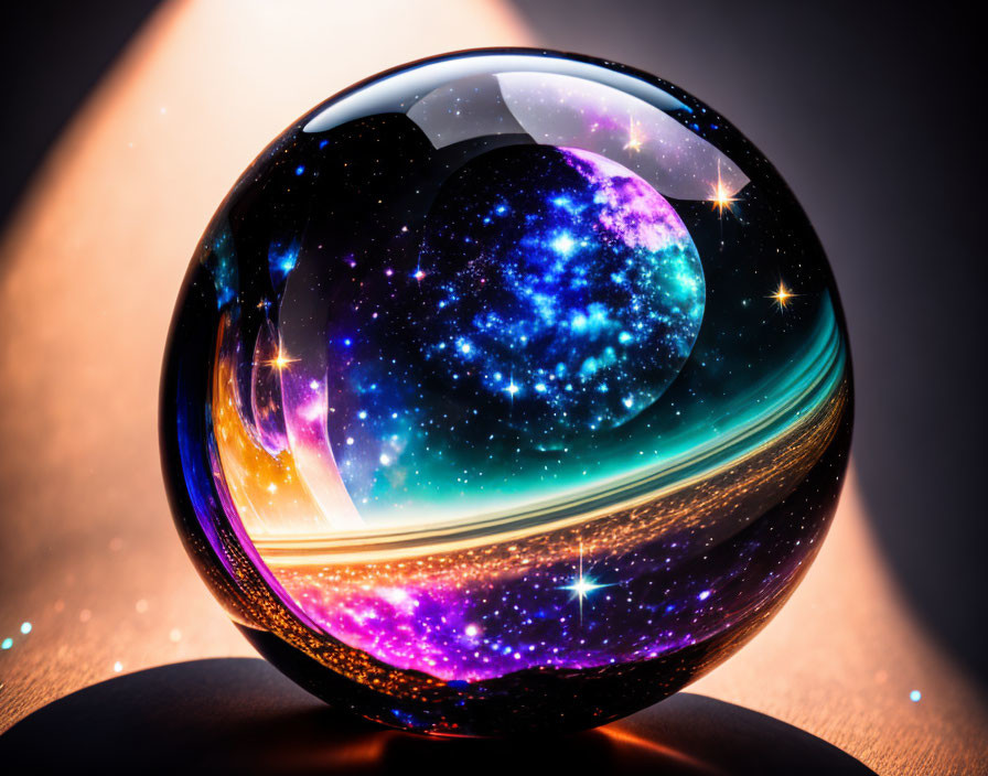 Crystal Ball Reflecting Vibrant Galaxy with Stars and Cosmic Swirls