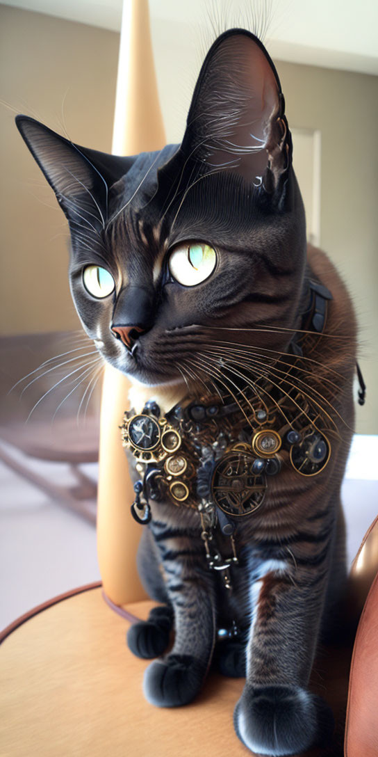 Digitally-enhanced cat image with oversized, human-like eyes and mechanical collar