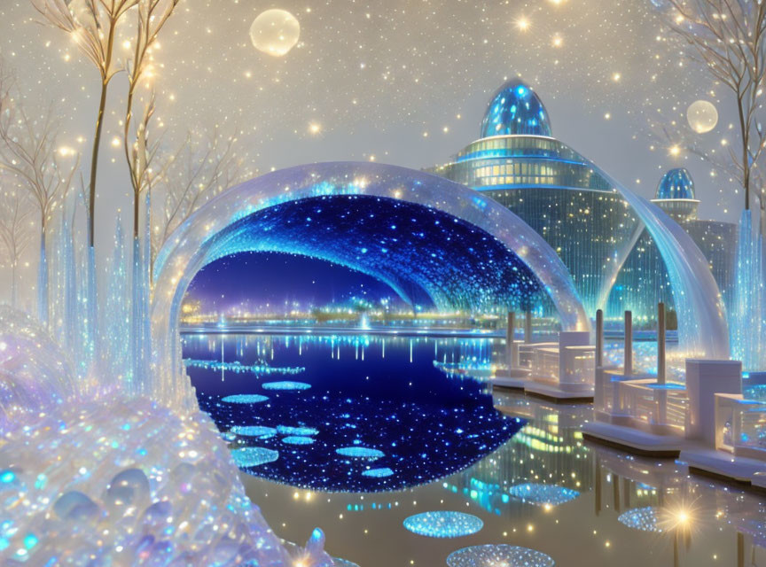 Futuristic night cityscape with illuminated trees and sparkling domes