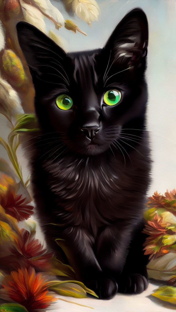 Black Cat with Green Eyes Among Autumn Flowers