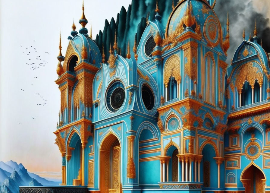 Blue and Gold Palace with Ornate Architecture and Mountain Backdrop