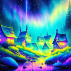 Whimsical village digital artwork with neon-lit cottages, aurora night sky