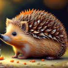 Illustration of cute hedgehog with pumpkins in forest setting