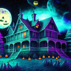 Illustration of haunted mansion at night with full moon, bats, jack-o'-lanterns,