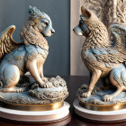 Metallic griffin statues with blue accents on pedestals against dark backdrop