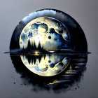 Surreal painting of moon reflected in water with trees, mountains, and stars