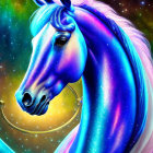 Colorful unicorn digital art with galaxy-themed mane and golden horn on cosmic background