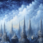 Ethereal cityscape with towering spires under vast, hazy sky