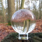 Iridescent Glass Orb on Purple Leaves in Forest Setting