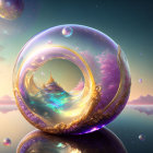 Fantasy image of golden-trimmed bubbles with magical landscapes on glossy surface