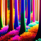 Neon-colored forest with glowing trees and bright foliage