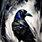 Monochromatic watercolor painting: Raven in bare branches