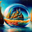 Whimsical cityscape painting in transparent sphere on water