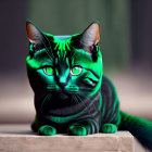 Digital artwork featuring black cat with green stripes and eyes in forest setting