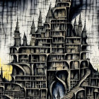 Illustration of Gothic castle with spires, arches, cliffs, and ominous sky