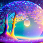 Vibrant digital artwork: Fantastical scene in glass dome with iridescent tree, orbs