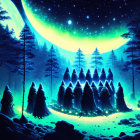 Mystical forest scene: cloaked figures under crescent moon