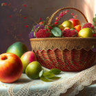 Wicker basket with apples and colorful flowers on lace table - Still life image