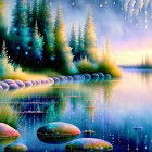 Tranquil Landscape: Colorful Lake, Starry Sky, Northern Lights