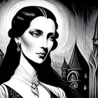 Monochromatic illustration of woman with halo effect in gothic cityscape.