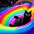 Black Cats with Yellow Eyes in Rainbow Slide with Bubbles on Black Background