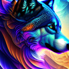 Colorful Wolf Artwork with Neon Effects on Cosmic Background