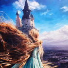 Woman with flowing hair gazes at coastal castle and birds in dramatic sky