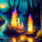 Colorful Fantasy Woodland with Glowing Plants by Tranquil River