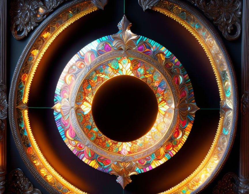 Circular Stained Glass Artwork with Vibrant Colors and Dark Metallic Frame