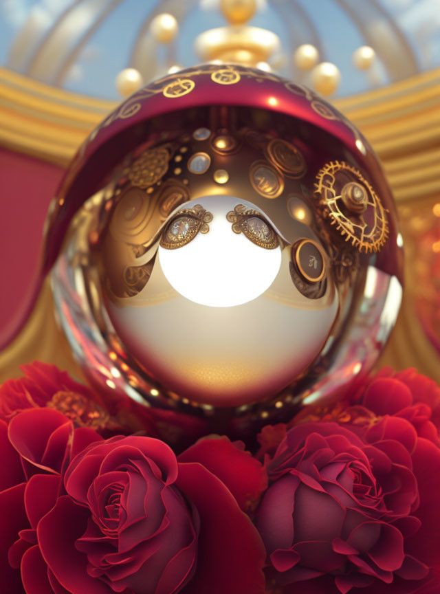 Ornate reflective orb with gear and filigree designs among crimson roses on golden background